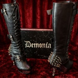 DEMONIA Muerto-2028 Goth Punk Bone Heel Spiked Skull Buckle Knee Boots Size